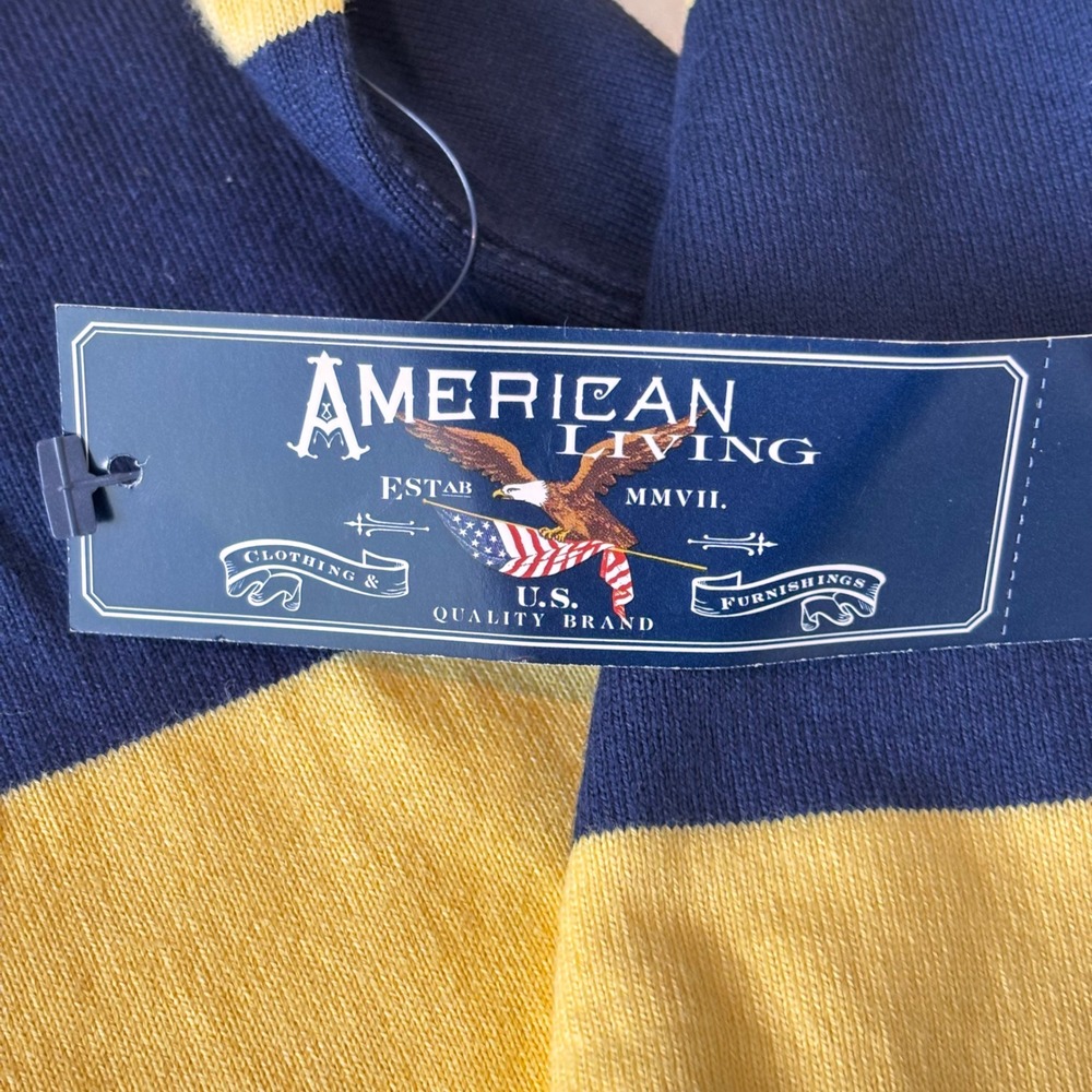 American Living Mens XL Rugby Shirt Cotton Navy Yellow Striped Eagle Flag NWT - Picture 6 of 9